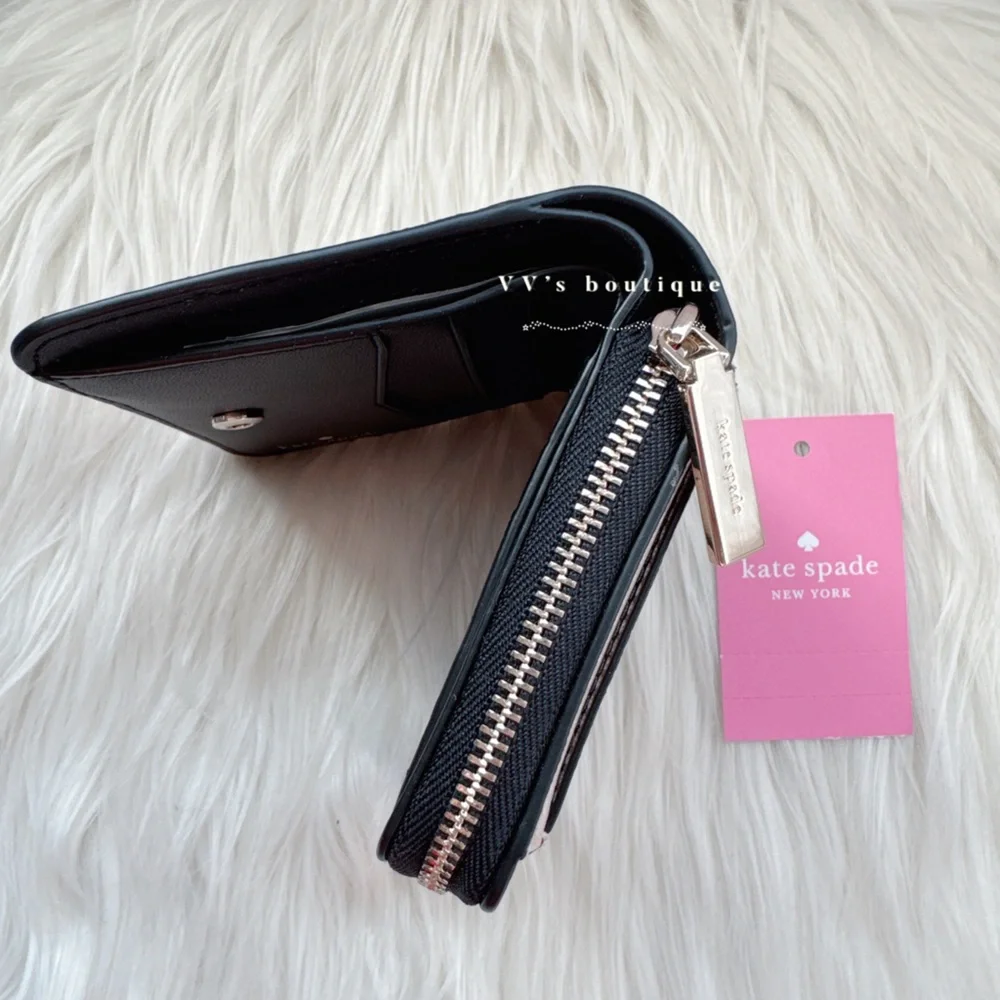 NWT Kate Spade Staci Small Zip Around Leather Wallet Warm Beige Black WLR00636 - Picture 4 of 5